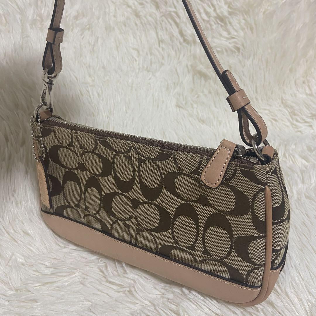 COACH Shoulder Bag Purse Signature Canvas Leather Beige Authentic