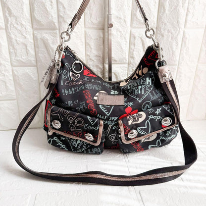 COACH Shoulder Bag Purse 2way Poppy Canvas Black Authentic