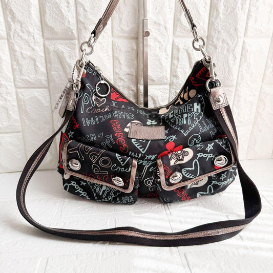 COACH Shoulder Bag Purse 2way Poppy Canvas Black Authentic