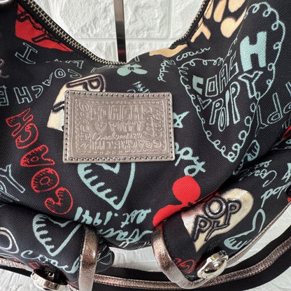 COACH Shoulder Bag Purse 2way Poppy Canvas Black Authentic