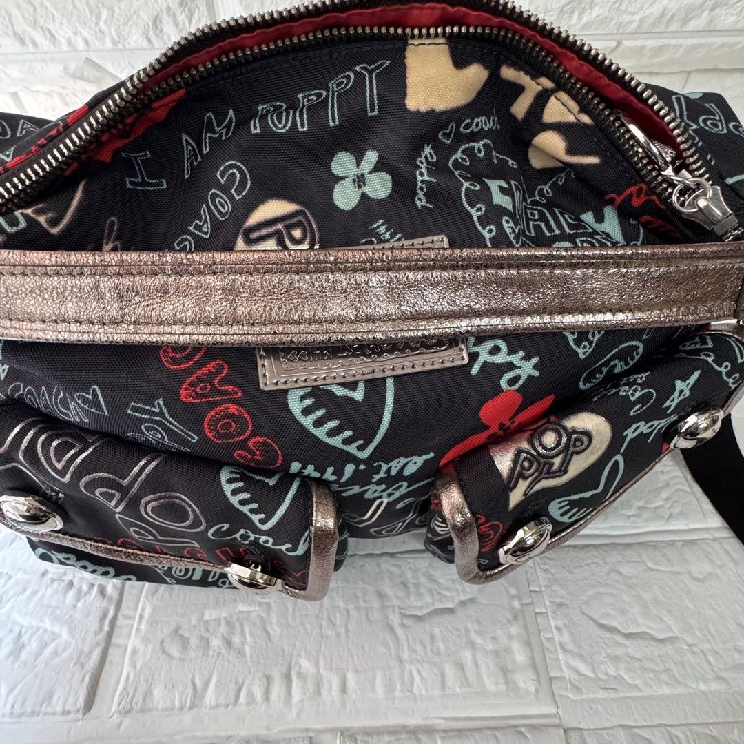 COACH Shoulder Bag Purse 2way Poppy Canvas Black Authentic