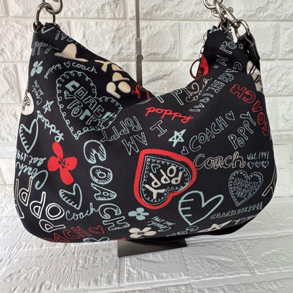 COACH Shoulder Bag Purse 2way Poppy Canvas Black Authentic