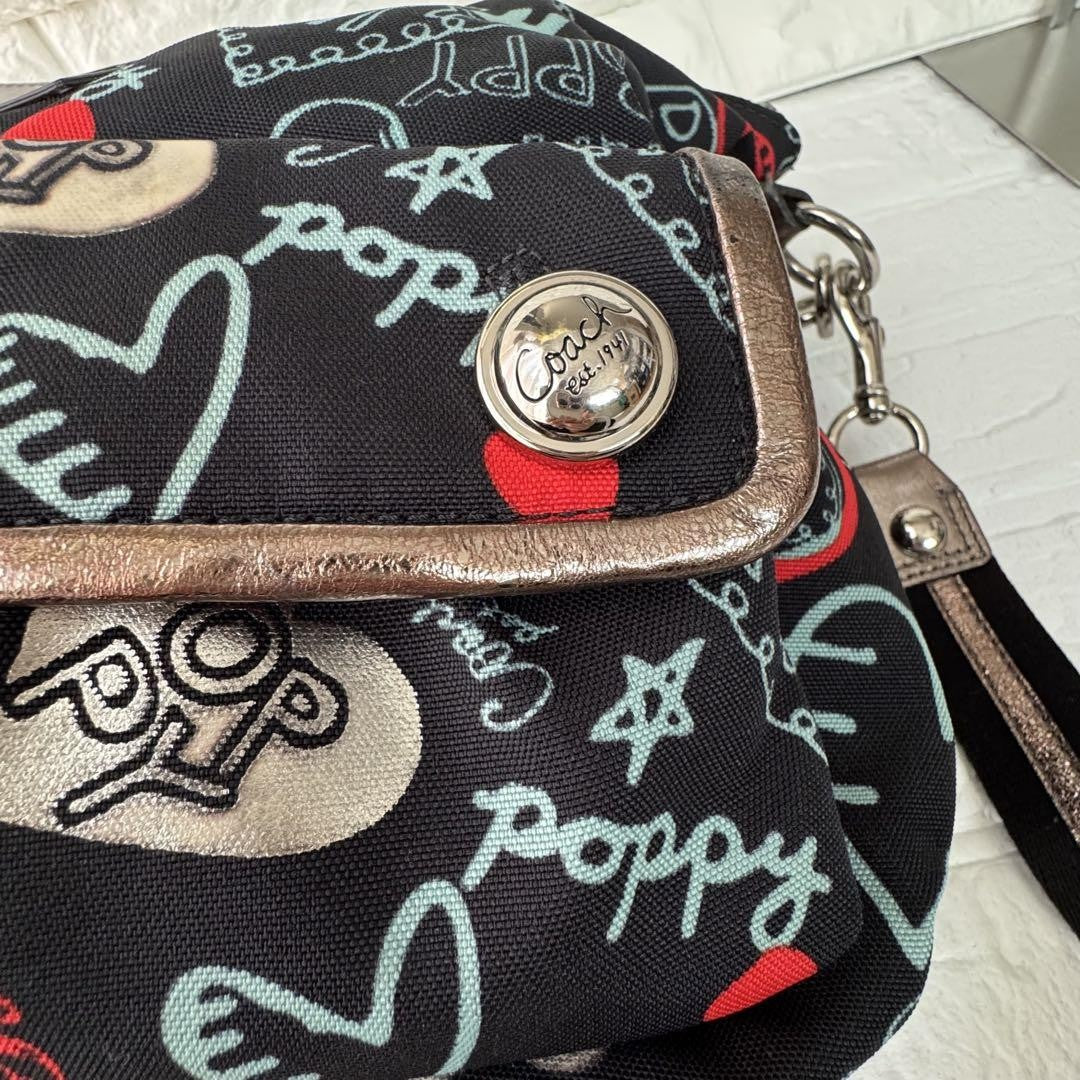 COACH Shoulder Bag Purse 2way Poppy Canvas Black Authentic