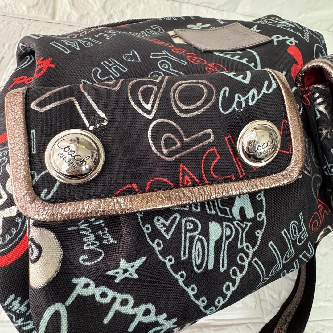 COACH Shoulder Bag Purse 2way Poppy Canvas Black Authentic