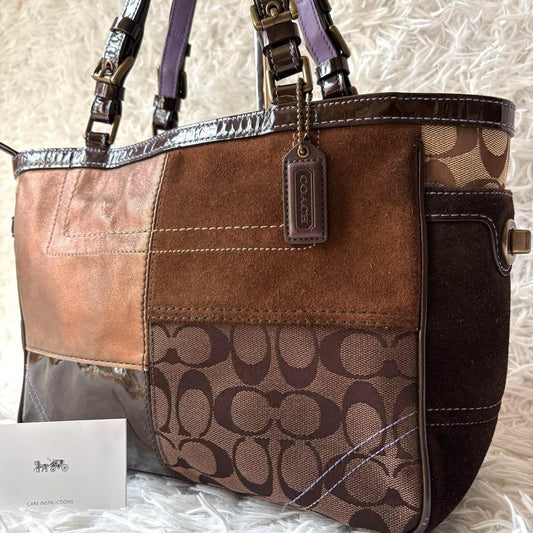 COACH Hand Bag Tote Purse Signature Patchwork Canvas Leather Brown Authentic