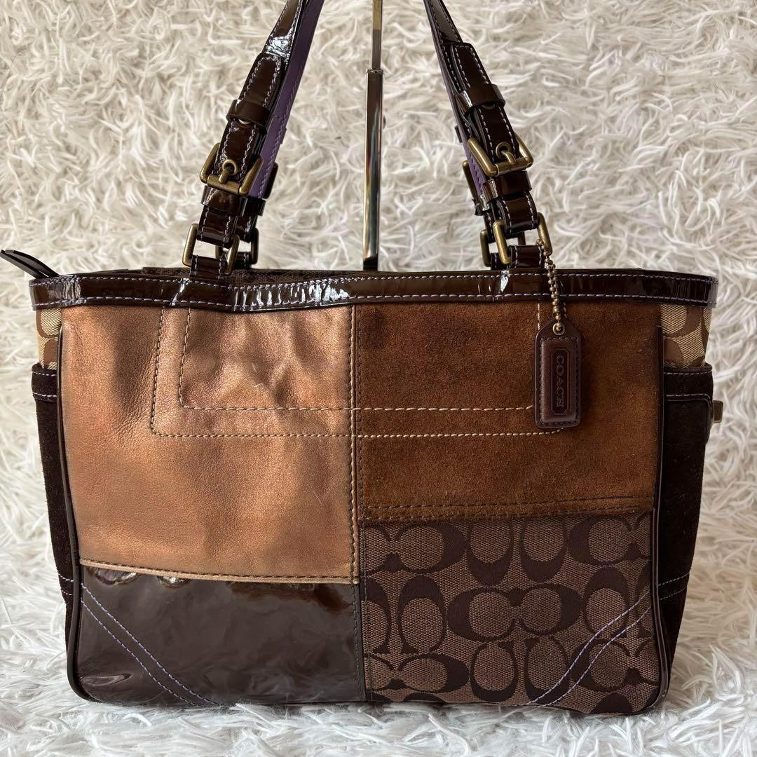 COACH Hand Bag Tote Purse Signature Patchwork Canvas Leather Brown Authentic