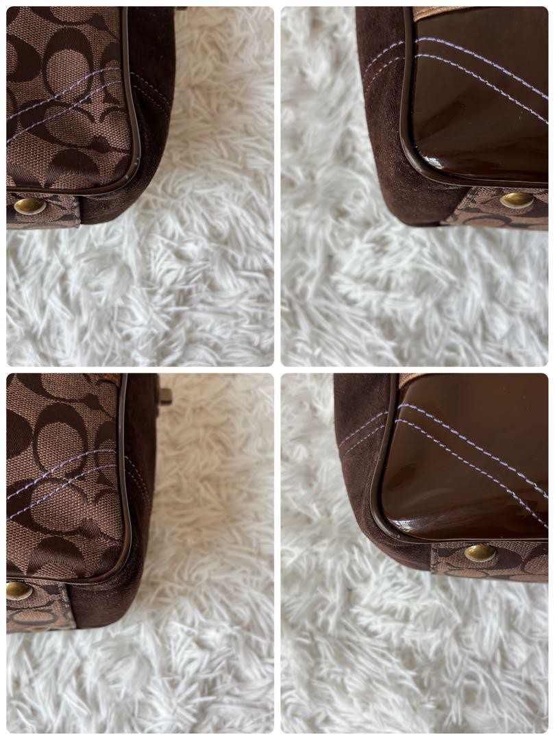 COACH Hand Bag Tote Purse Signature Patchwork Canvas Leather Brown Authentic