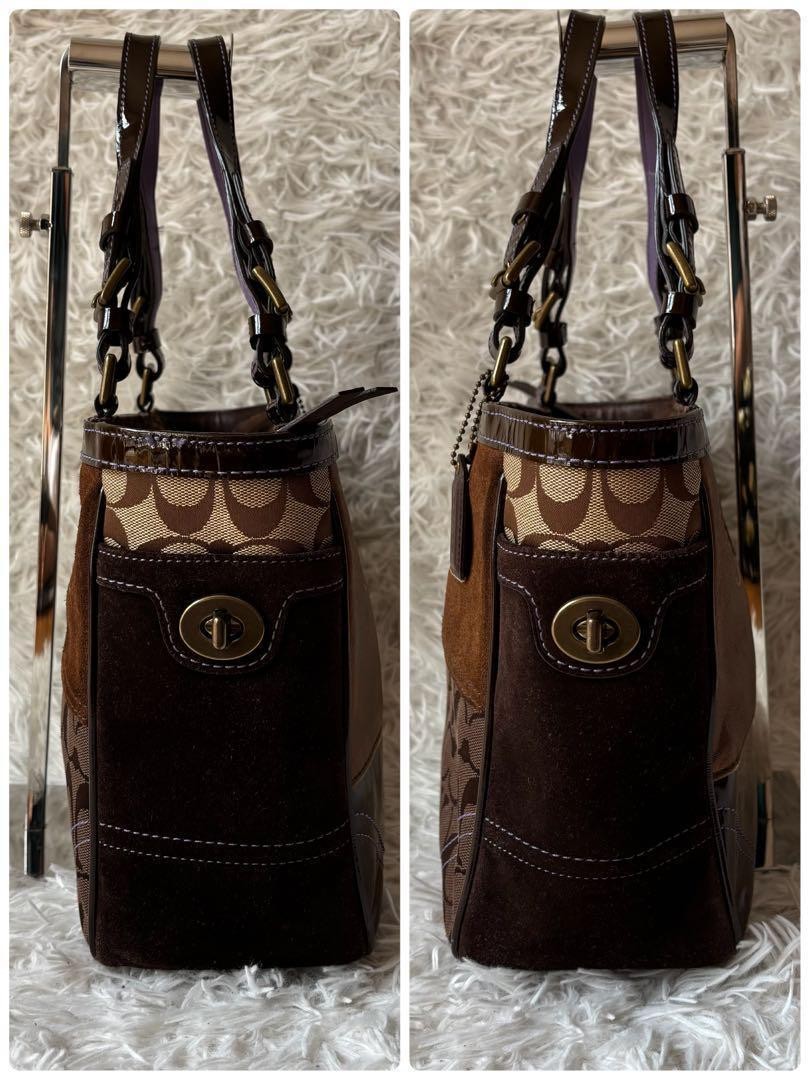 COACH Hand Bag Tote Purse Signature Patchwork Canvas Leather Brown Authentic