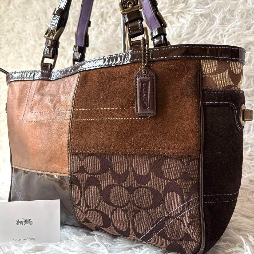 COACH Hand Bag Tote Purse Signature Patchwork Canvas Leather Brown Authentic