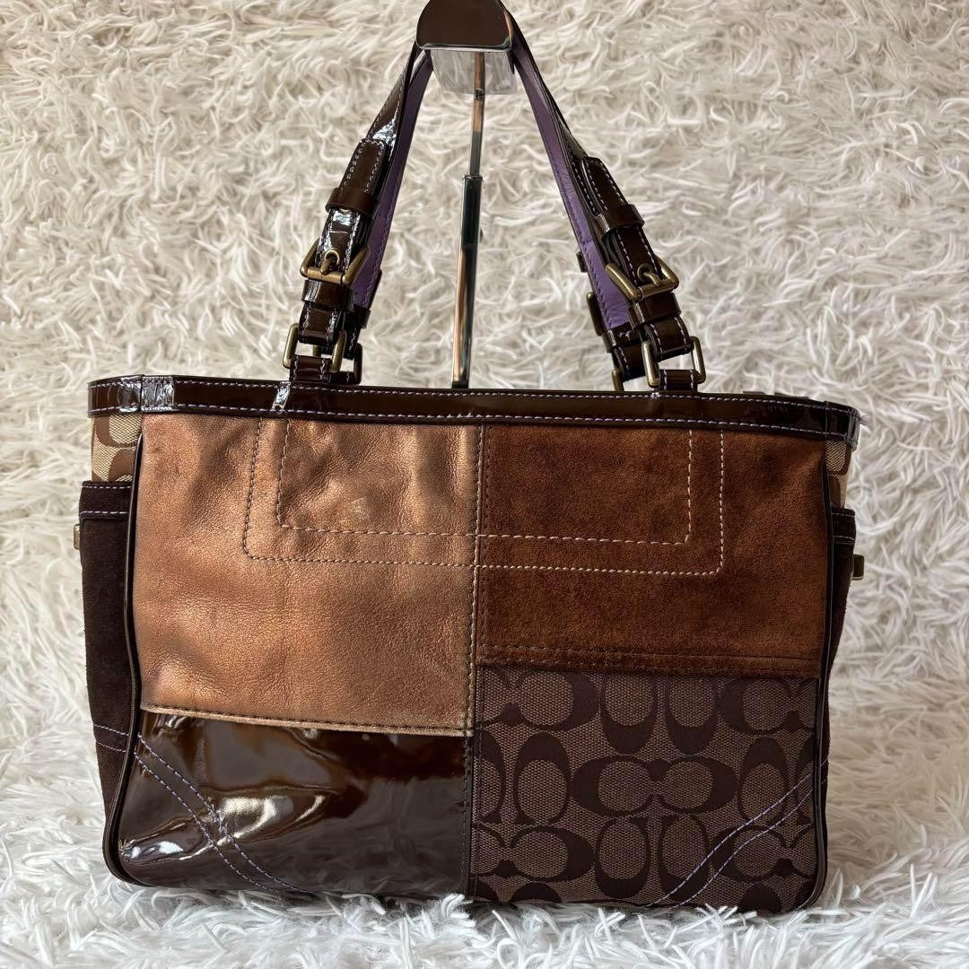 COACH Hand Bag Tote Purse Signature Patchwork Canvas Leather Brown Authentic