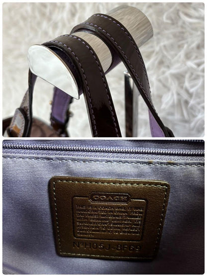COACH Hand Bag Tote Purse Signature Patchwork Canvas Leather Brown Authentic