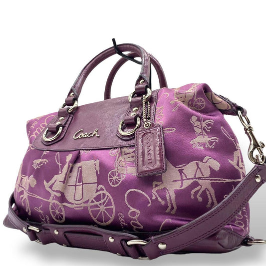 COACH Hand Shoulder Bag Tote Purse 2way Canvas Leather Purple Authentic