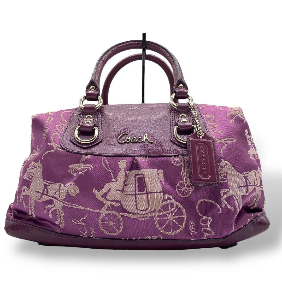 COACH Hand Shoulder Bag Tote Purse 2way Canvas Leather Purple Authentic
