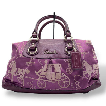 COACH Hand Shoulder Bag Tote Purse 2way Canvas Leather Purple Authentic
