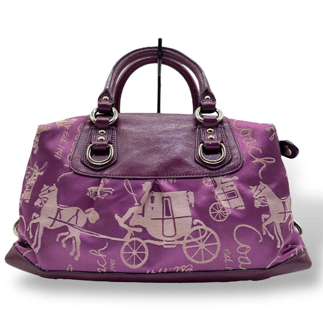 COACH Hand Shoulder Bag Tote Purse 2way Canvas Leather Purple Authentic