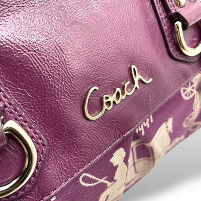 COACH Hand Shoulder Bag Tote Purse 2way Canvas Leather Purple Authentic