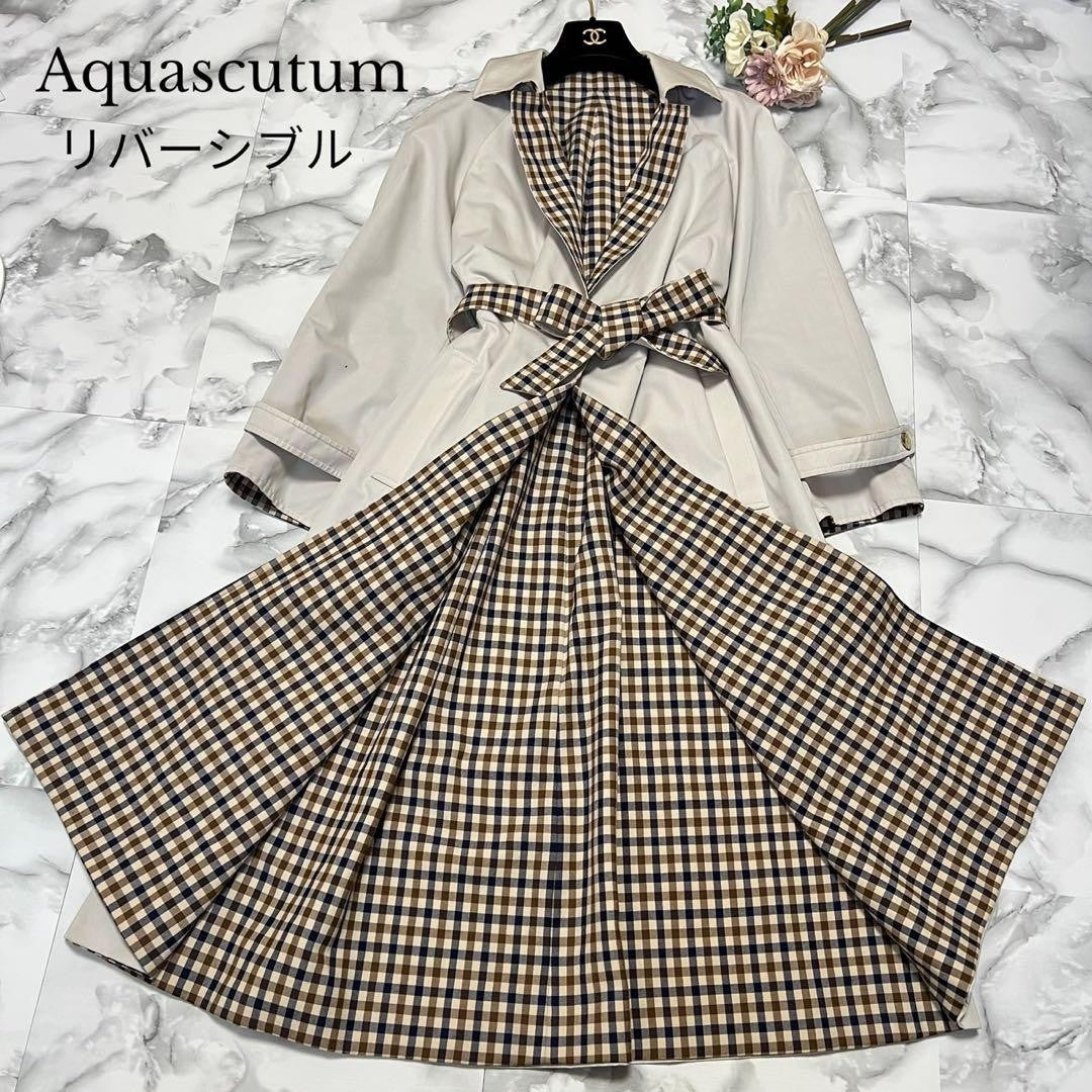 Aquascutum Trench Coat 2way Club Check Asian fit M US size S Beige Authentic