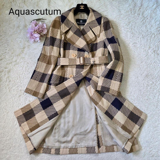 Aquascutum Coat Club Check Asian fit M US size S Beige Brown Authentic
