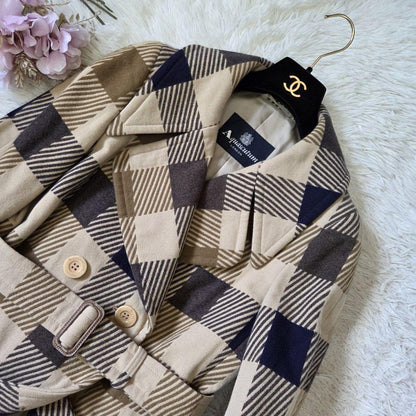 Aquascutum Coat Club Check Asian fit M US size S Beige Brown Authentic