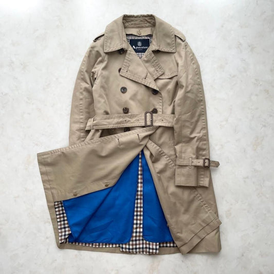 Aquascutum Trench Coat Club Check Asian fit S US size XS Beige Blue Authentic
