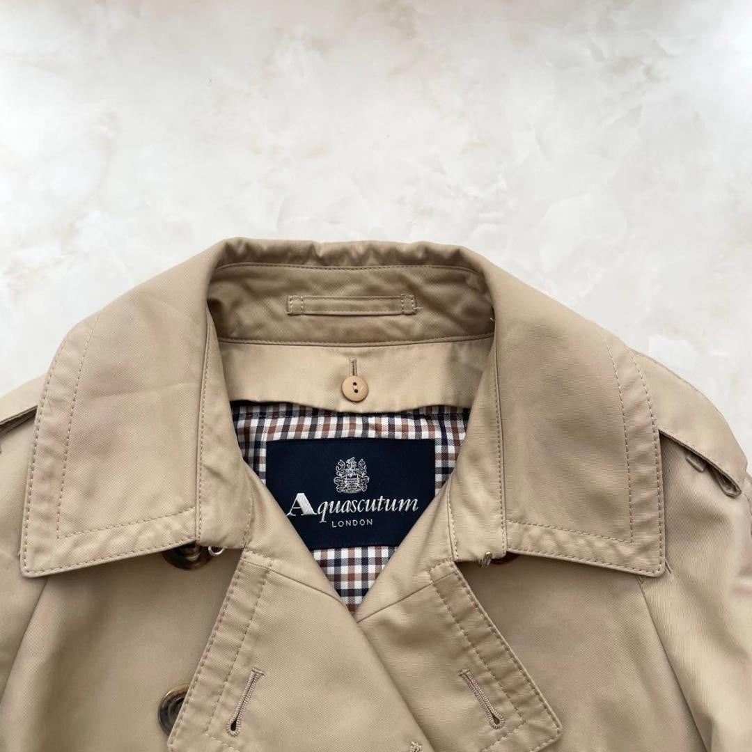Aquascutum Trench Coat Club Check Asian fit S US size XS Beige Blue Authentic