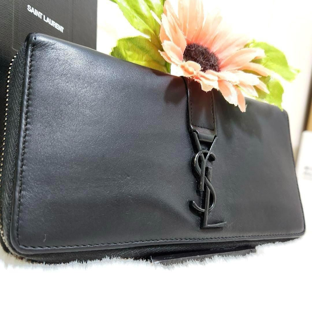 Saint Laurent Round Zip Long Wallet Purse YSL Cassandra Black Authentic