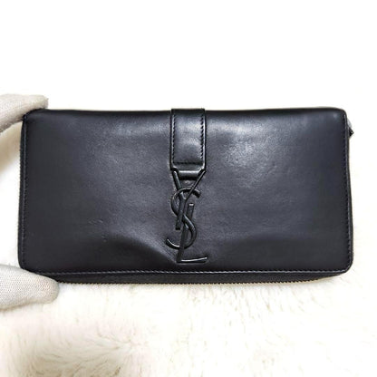 Saint Laurent Round Zip Long Wallet Purse YSL Cassandra Black Authentic