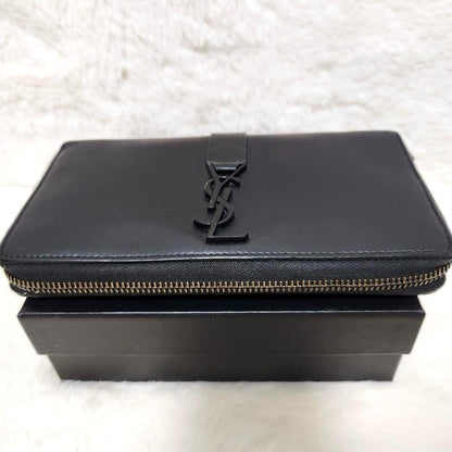 Saint Laurent Round Zip Long Wallet Purse YSL Cassandra Black Authentic