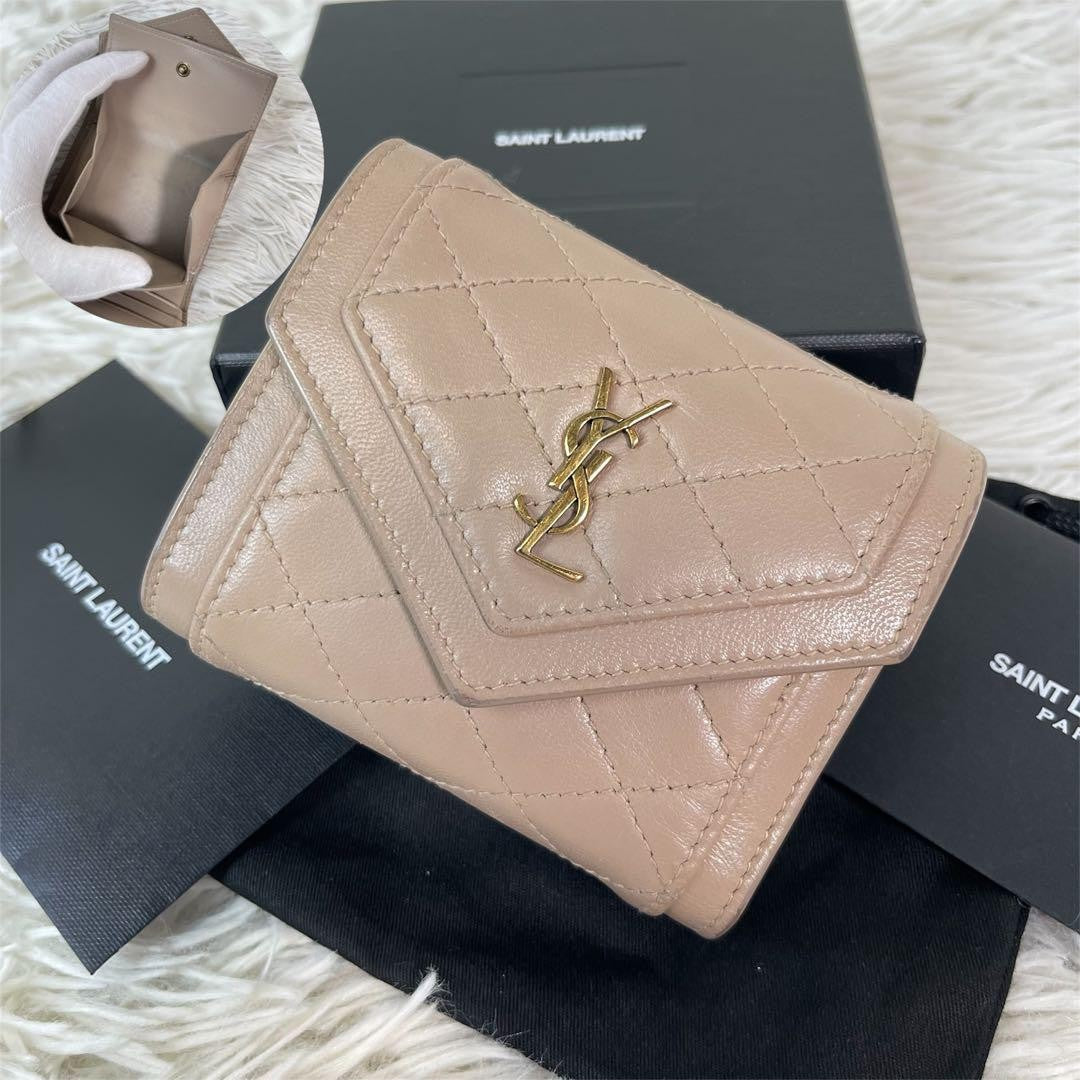 Saint Laurent Tri-fold Wallet Compact Purse YSL Cassandra Pink Beige Authentic