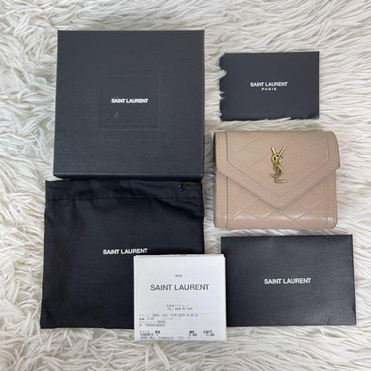 Saint Laurent Tri-fold Wallet Compact Purse YSL Cassandra Pink Beige Authentic