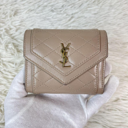 Saint Laurent Tri-fold Wallet Compact Purse YSL Cassandra Pink Beige Authentic