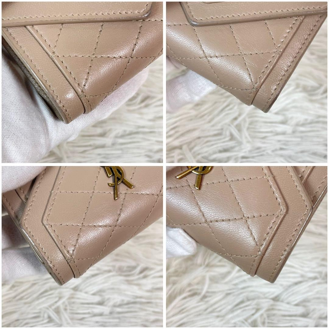 Saint Laurent Tri-fold Wallet Compact Purse YSL Cassandra Pink Beige Authentic