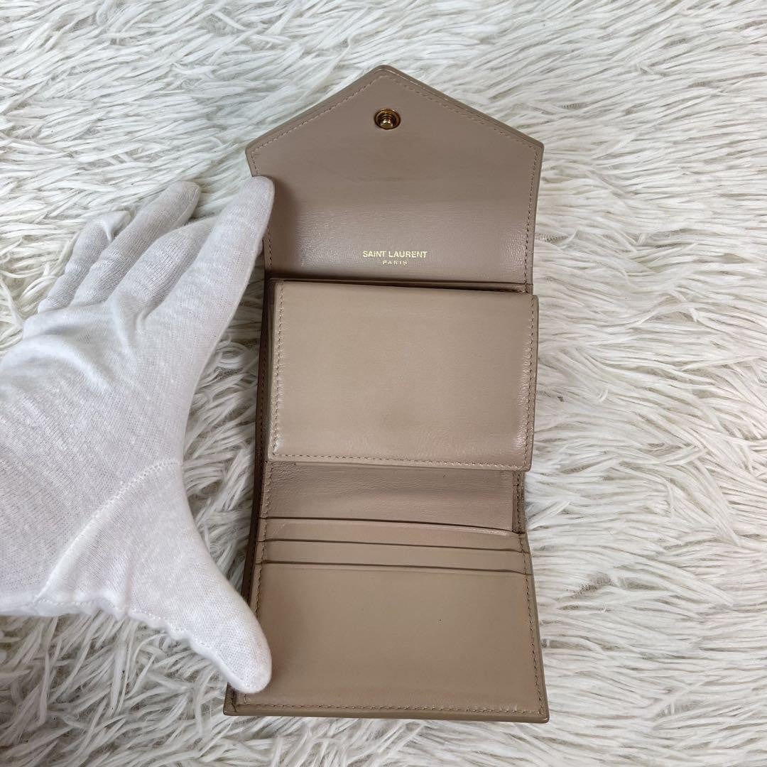 Saint Laurent Tri-fold Wallet Compact Purse YSL Cassandra Pink Beige Authentic