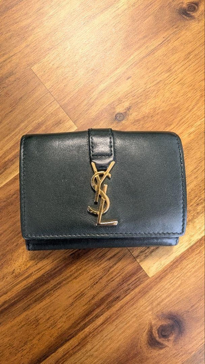 Saint Laurent Tri-fold Wallet Compact Purse YSL Cassandra Dark Green Authentic