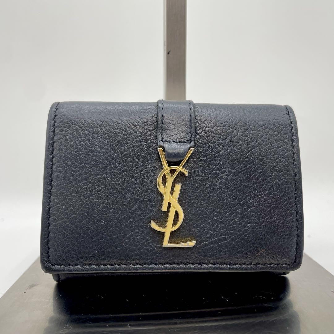Saint Laurent Tri-fold Wallet Compact Purse YSL Cassandra Black Authentic