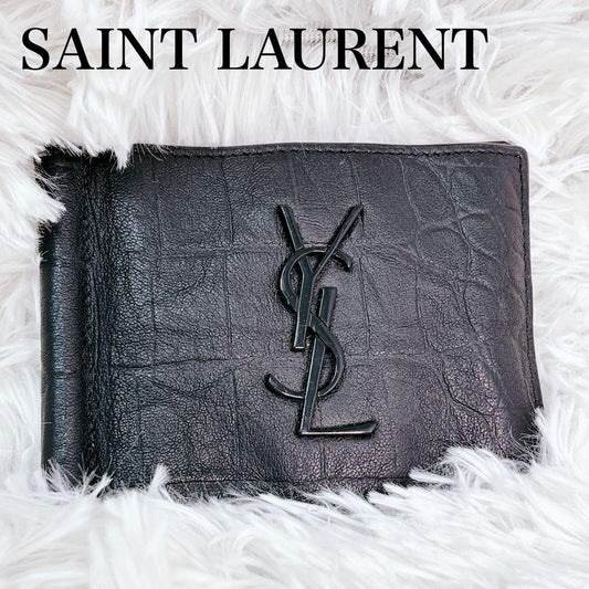 Saint Laurent Bi-fold Card Holder Wallet Case Flap Purse YSL Cassandra Black