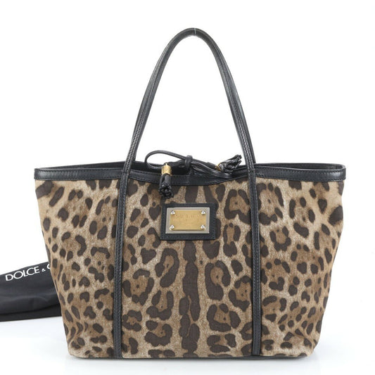 Dolce & Gabbana Hand Bag Tote Purse Leopard Canvas Leather Brown Authentic