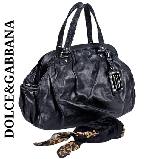 Dolce & Gabbana Hand Bag Tote Purse Leopard Leather Black Authentic