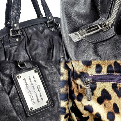 Dolce & Gabbana Hand Bag Tote Purse Leopard Leather Black Authentic