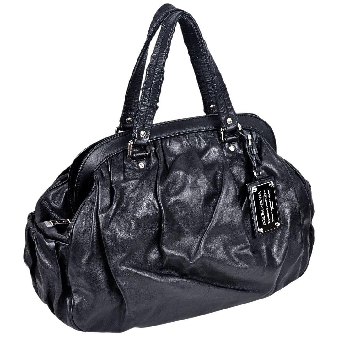 Dolce & Gabbana Hand Bag Tote Purse Leopard Leather Black Authentic