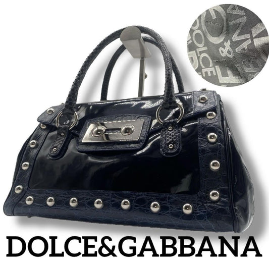 Dolce & Gabbana Hand Bag Tote Purse Patent Leather Navy Authentic