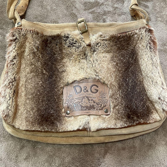 Dolce & Gabbana Shoulder Bag Purse Fur Suede Brown Authentic