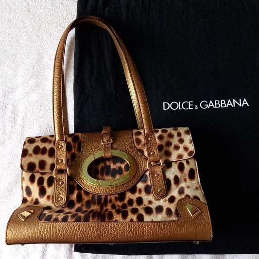 Dolce & Gabbana Hand Shoulder Bag Tote Purse Leopard Leather Authentic
