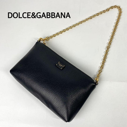 Dolce & Gabbana Accessory Pouch Hand Bag Tote Purse Leopard Leather Black Auth
