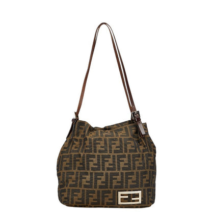 FENDI Hand Shoulder Bag Tote Purse FF Zucca Nylon Leather Khaki Brown Authentic