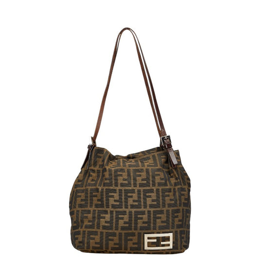 FENDI Hand Shoulder Bag Tote Purse FF Zucca Nylon Leather Khaki Brown Authentic