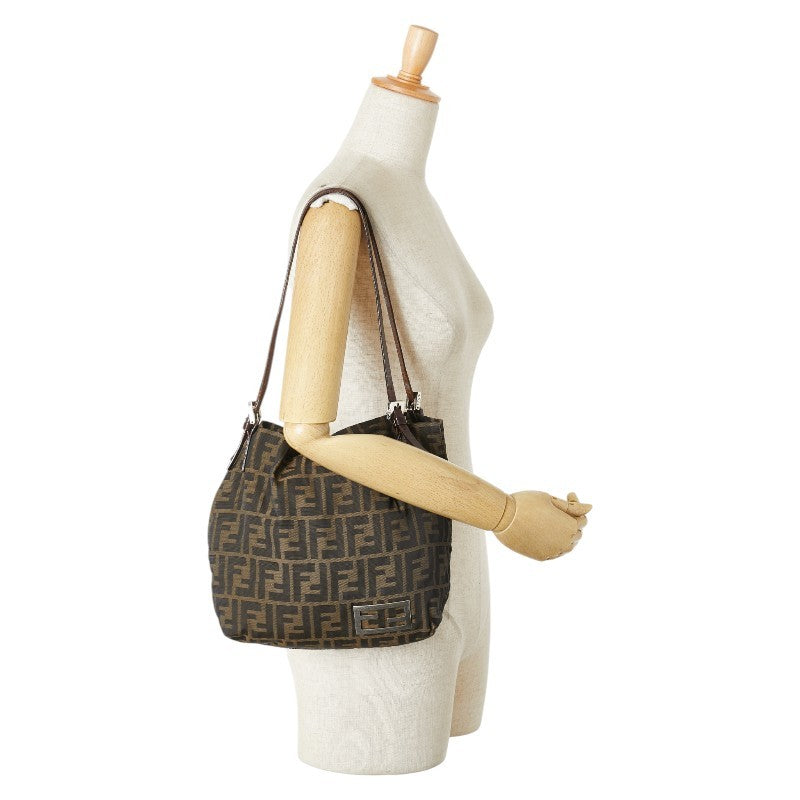FENDI Hand Shoulder Bag Tote Purse FF Zucca Nylon Leather Khaki Brown Authentic