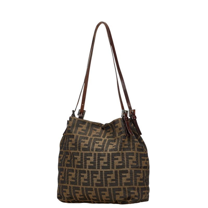 FENDI Hand Shoulder Bag Tote Purse FF Zucca Nylon Leather Khaki Brown Authentic