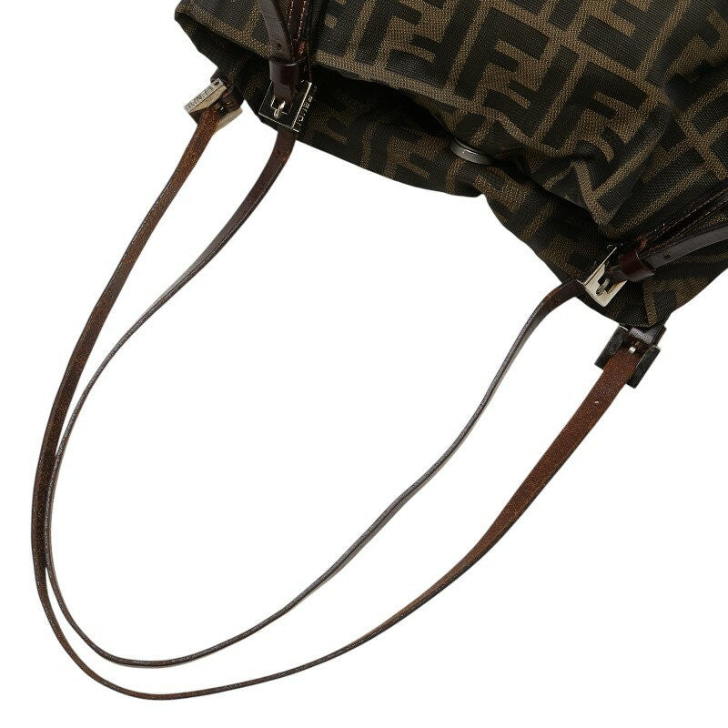 FENDI Hand Shoulder Bag Tote Purse FF Zucca Nylon Leather Khaki Brown Authentic