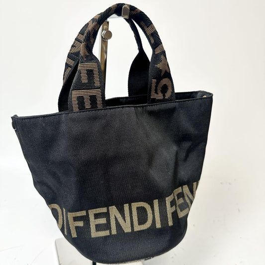 FENDI Hand Bag Tote Purse Logo Canvas Black Brown Authentic